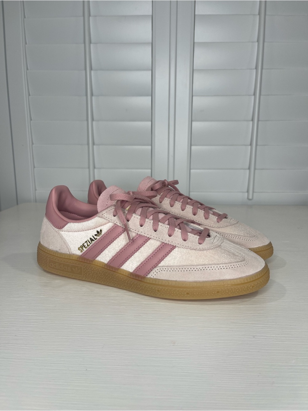 Adidas Women’s Handball Sneakers in Light Pink with Gum Sole